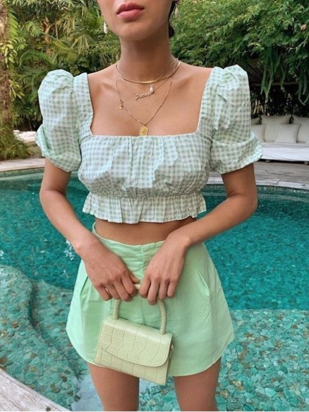 Lovers & Friends Channing Mint Cotton Blend Green Gingham Puff Sleeve Crop Top